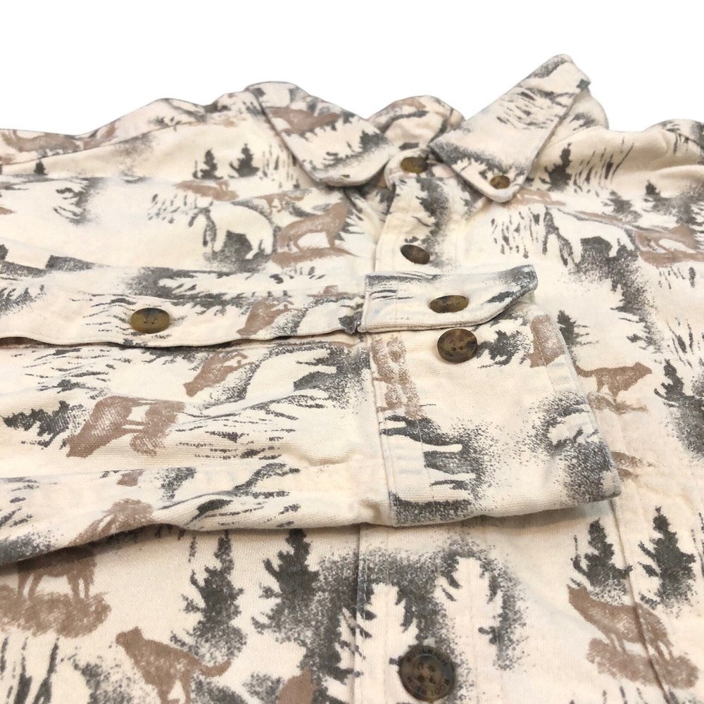 Woolrich Button Down Shirt Mens XXL Cream Wolf Nature Print Long Sleeve Flannel